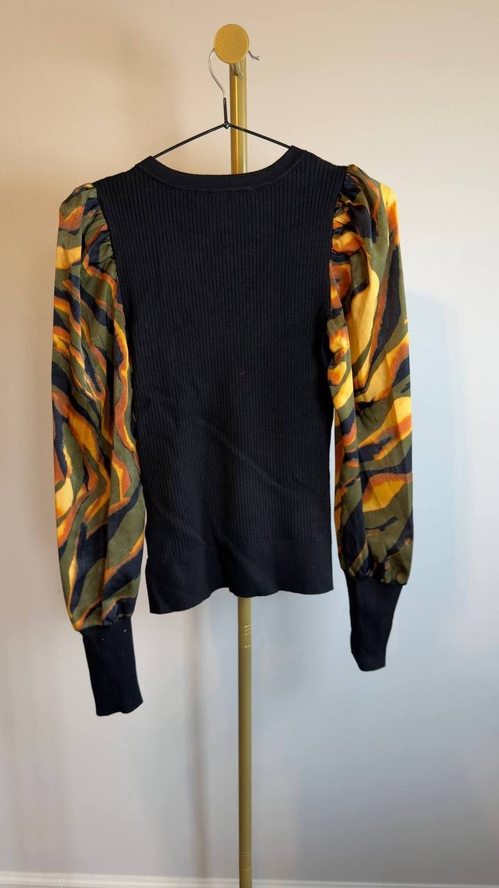 DKNY Rib Puff Shoulder Sweater Black Urban Tiger XS NWT $89