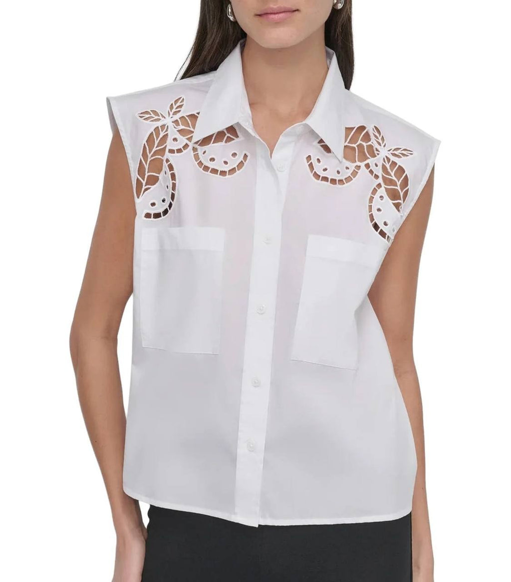 DKNY Cotton Sleeveless Ladder‑Trim Blouse White XS NWT $89