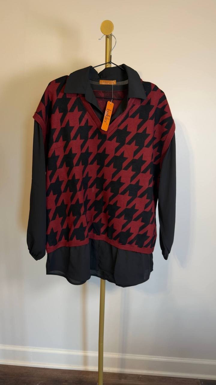 Belldini Houndstooth Two‑Fer Sweater Black/Red Plus 1X NWT $64