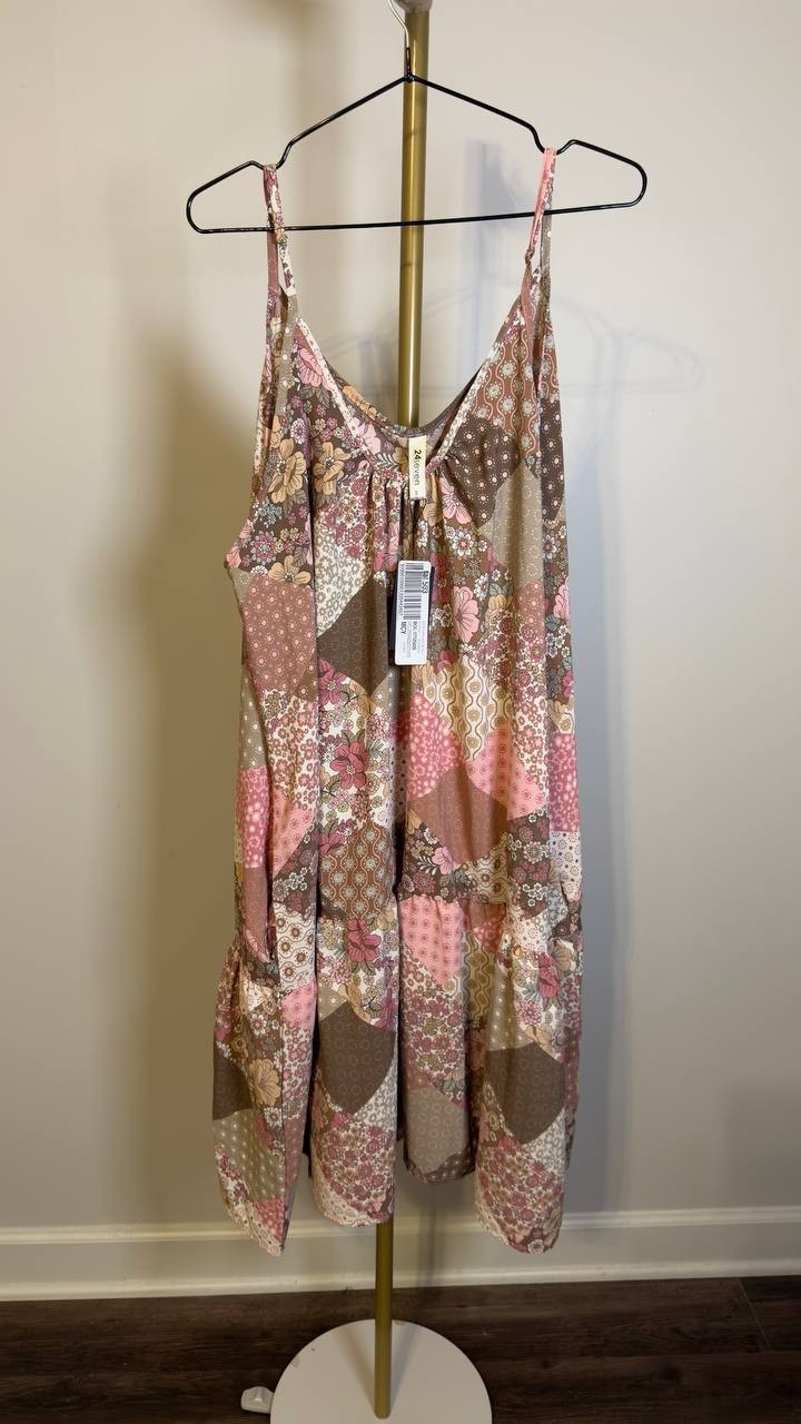 24Seven Comfort Apparel Patchwork Spaghetti Strap Dress Pink Multi 2X NWT $60