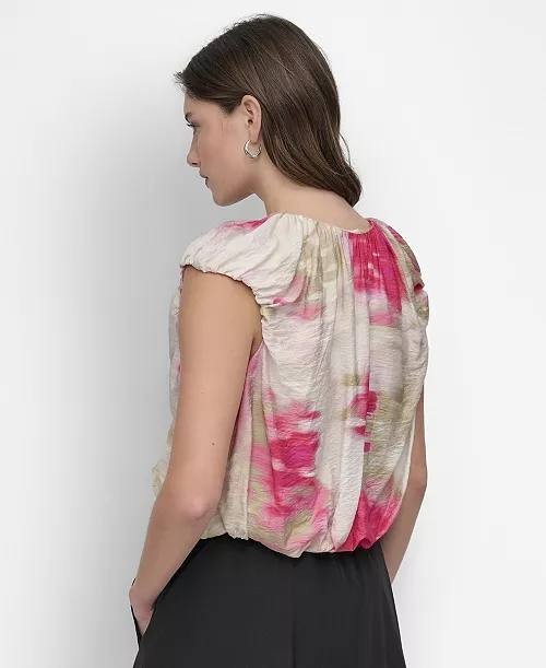 DKNY Floral V Neck Cap Sleeve Top Size L NWT Multicolor Abstract Print