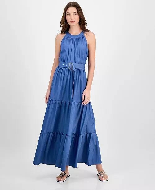 T Tahari Tiered Fit & Flare Halter Maxi Dress Blue XL $138 NWT