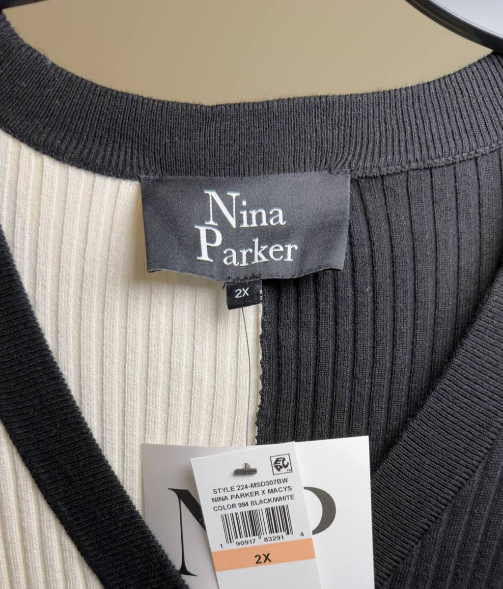 Nina Parker Plus Size Ribbed Button‑Front Dress Black/White 2X NWT $99