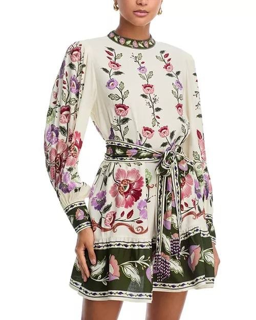 FARM Rio Rococo Long‑Sleeve Tiered Mini Dress White Multi M NWT $248