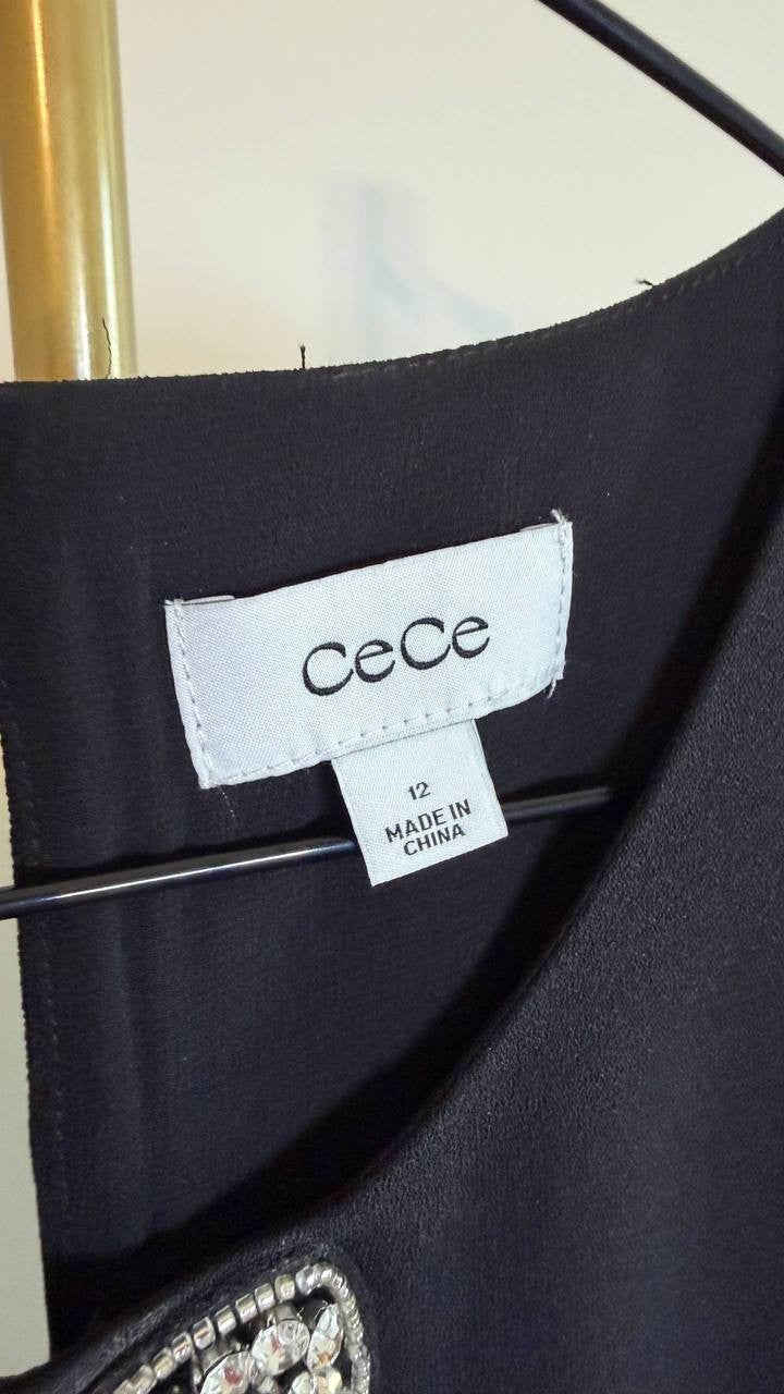 CeCe Sequin Bow Shift Dress Black Mini Lined Round Neck Size 12 NWT $119