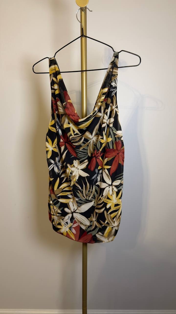 Anne Klein Printed Ruched Draped‑Neck Mesh Top Floral XL NWT $69