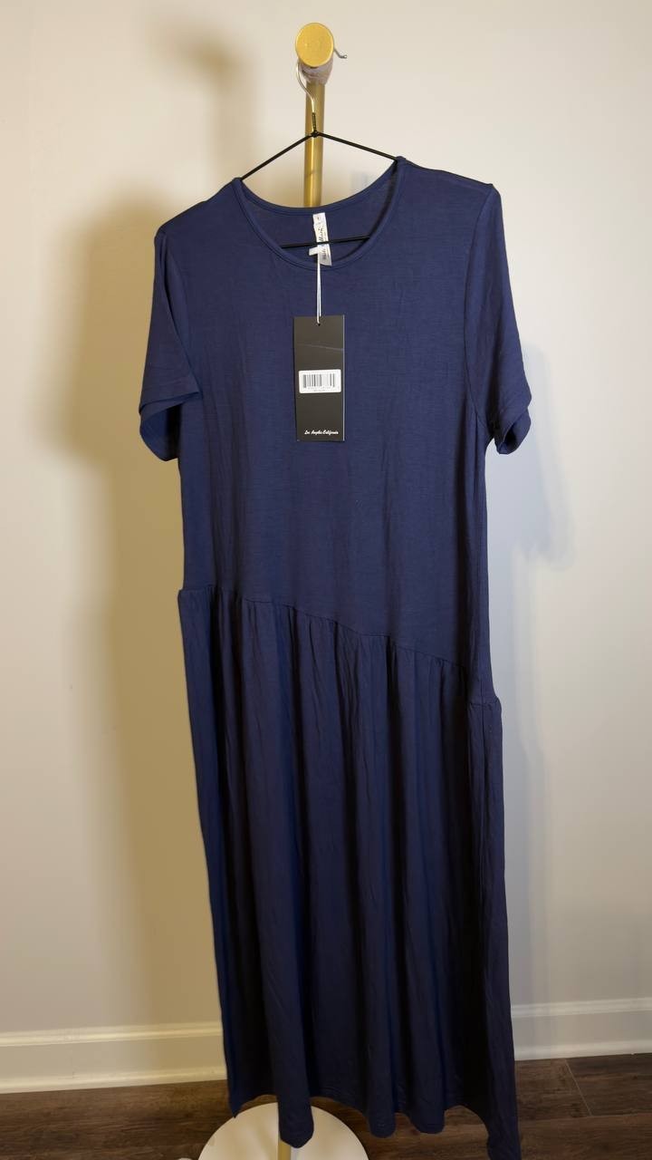 White Mark Short Sleeve Asymmetrical Waist Maxi Dress Navy M NWT $58