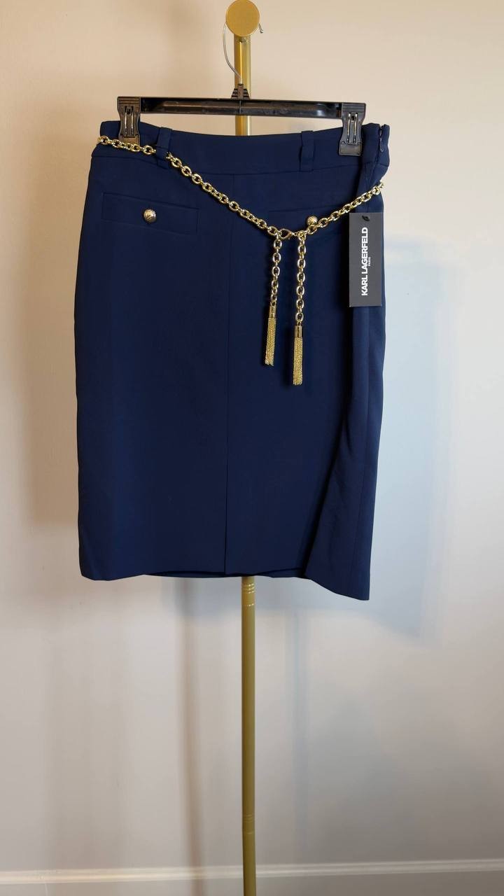 Karl Lagerfeld Paris Chain‑Belt Front‑Slit Pencil Skirt Navy 2 NWT $109