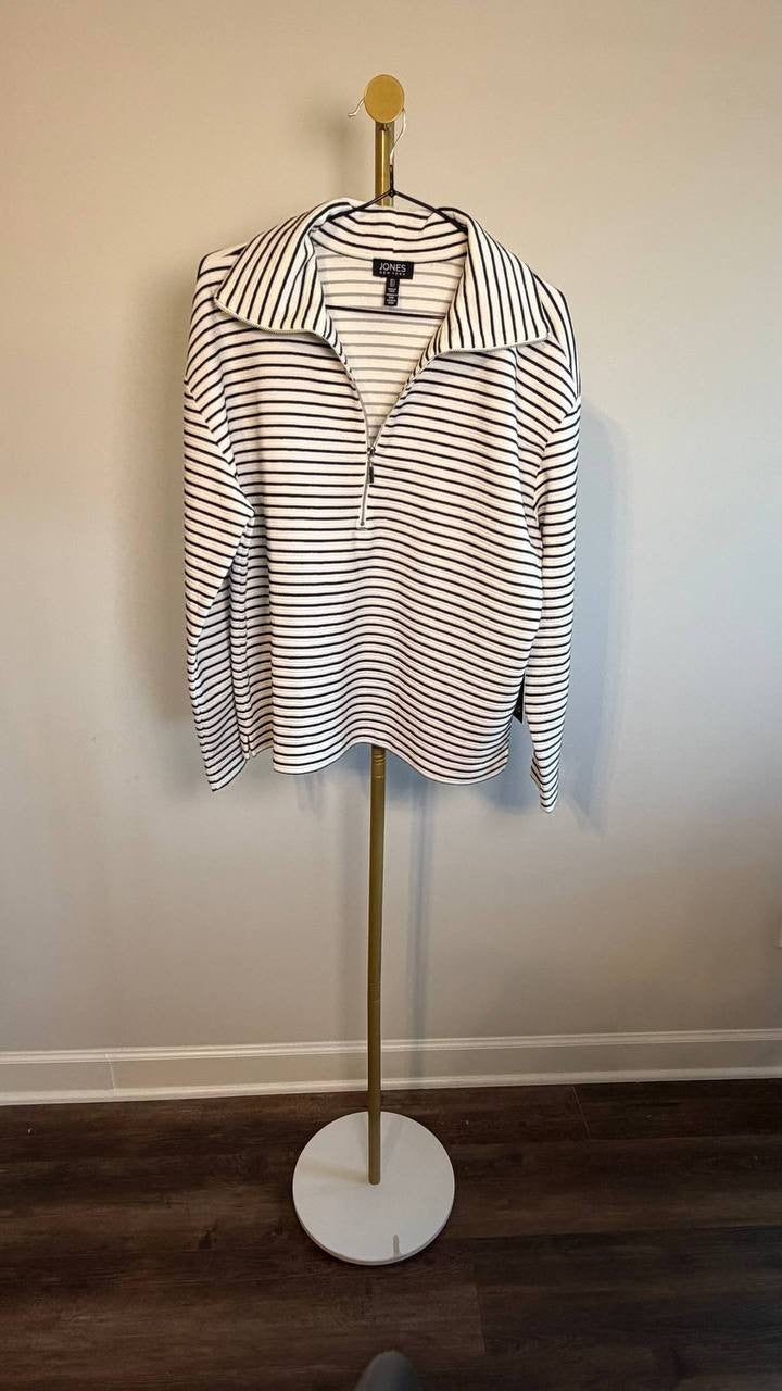 Jones New York Petite Metallic Striped Zip‑Neck Top Black/Silver L NWT $89.50