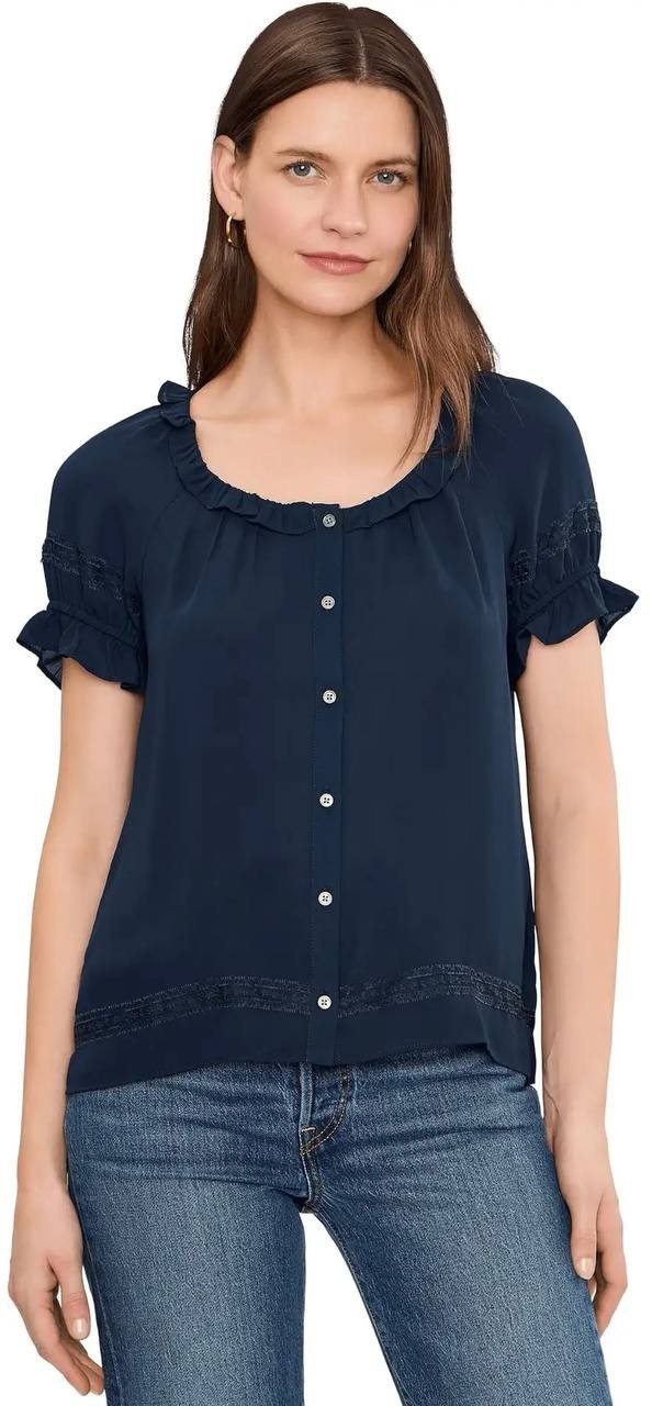 CeCe Wide Ruffle Neck Button Front Top Classic Navy L NWT $79