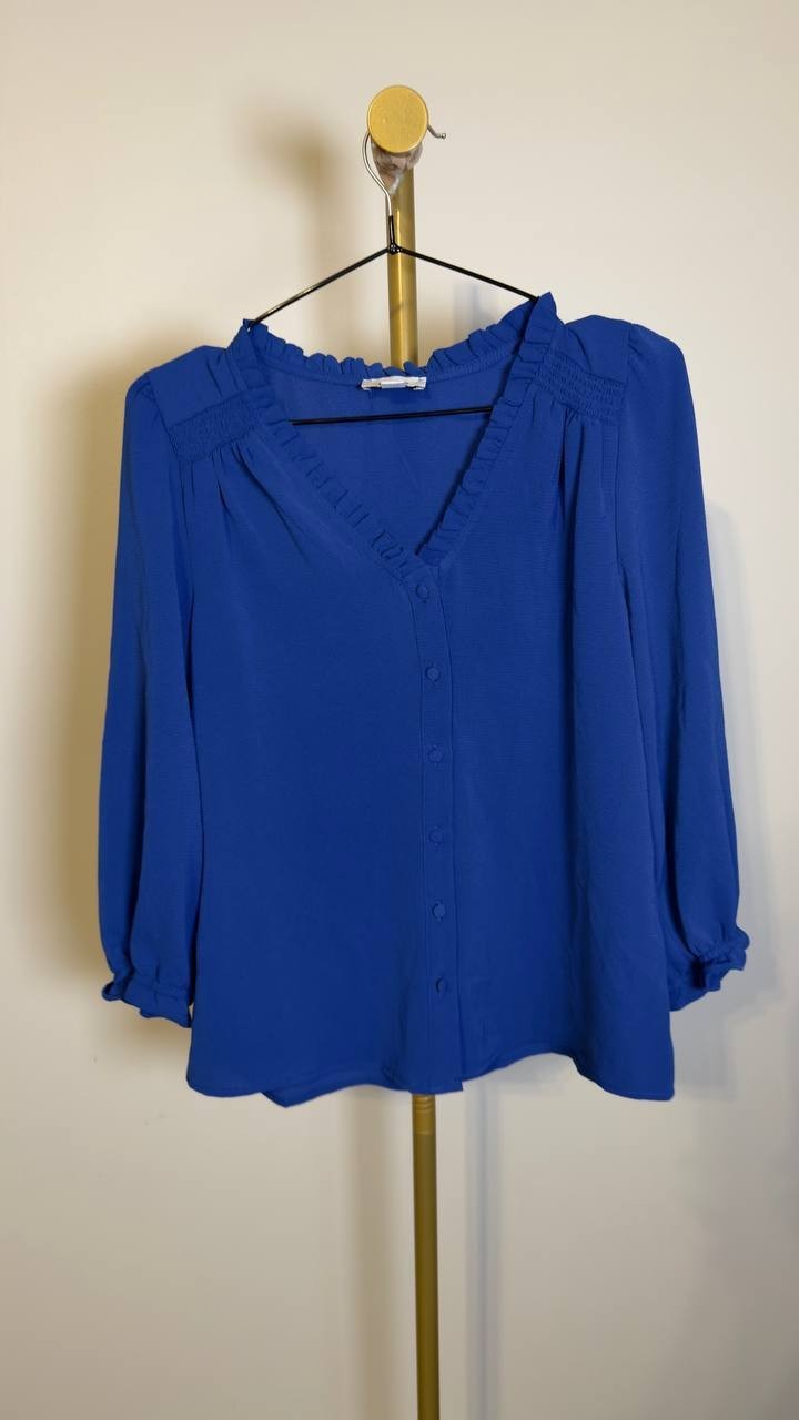 CeCe Women’s Ruffled Button‑Front 3/4‑Sleeve Blouse Royal Blue S NWT $69