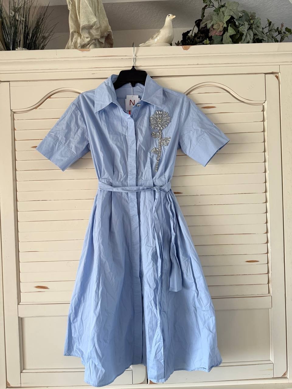 Nancy Yang Rose Applique Cotton Button Down Dress Blue Size XS NWT $179
