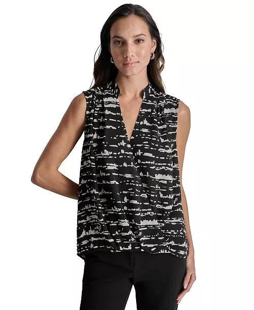DKNY Top S Black Printed Surplice Sleeveless V-Neck Blouse Workwear NWT MSRP $69
