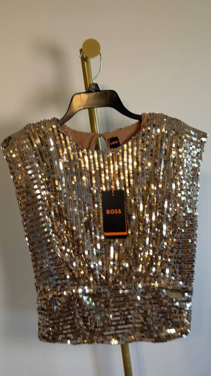 BOSS Illana Sequin Crop Top Orange Size 6 NWT $149