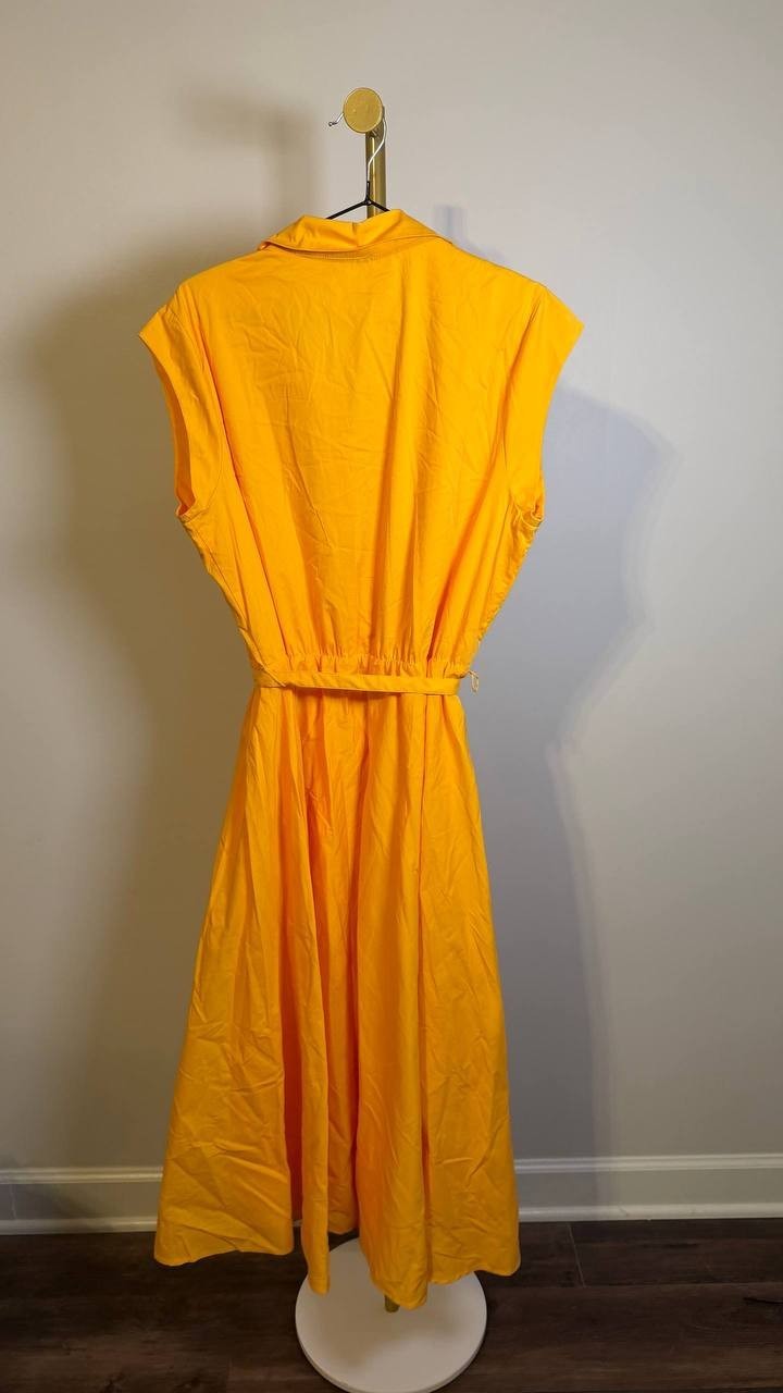 T Tahari Fit & Flare Belted Button Front Dress Mango Yellow 12 $158 NWT