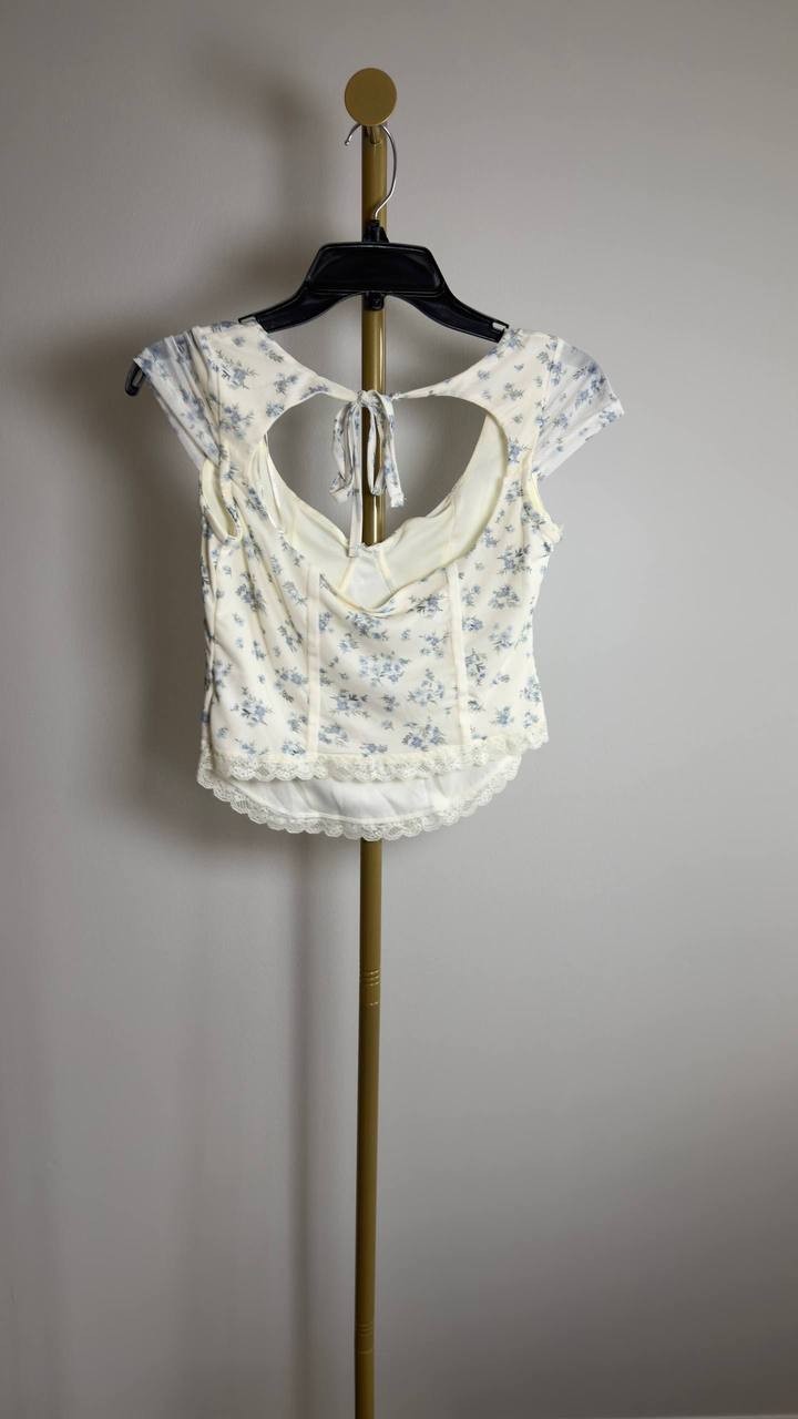 Hippie Rose Juniors’ Corset Short‑Sleeve Mesh Top White Floral L NWT $32