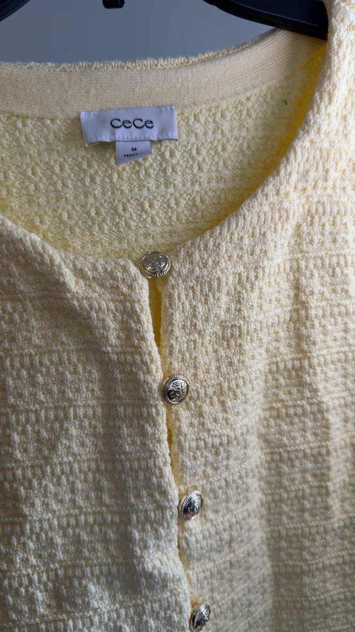 CeCe Crewneck Short‑Sleeve Cardigan Lemon Drop M NWT $79