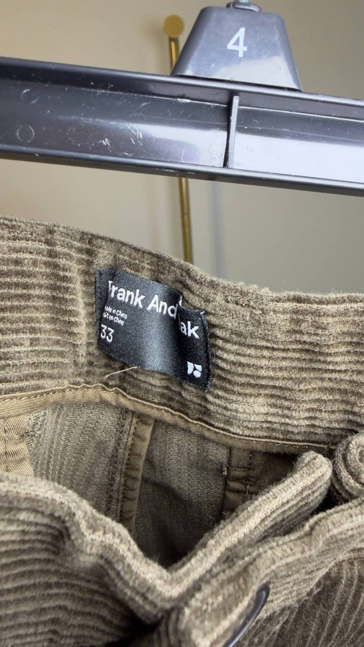 Frank And Oak Jamie Tapered‑Fit Pleated Corduroy Pants Dark Green 33 NWT $129