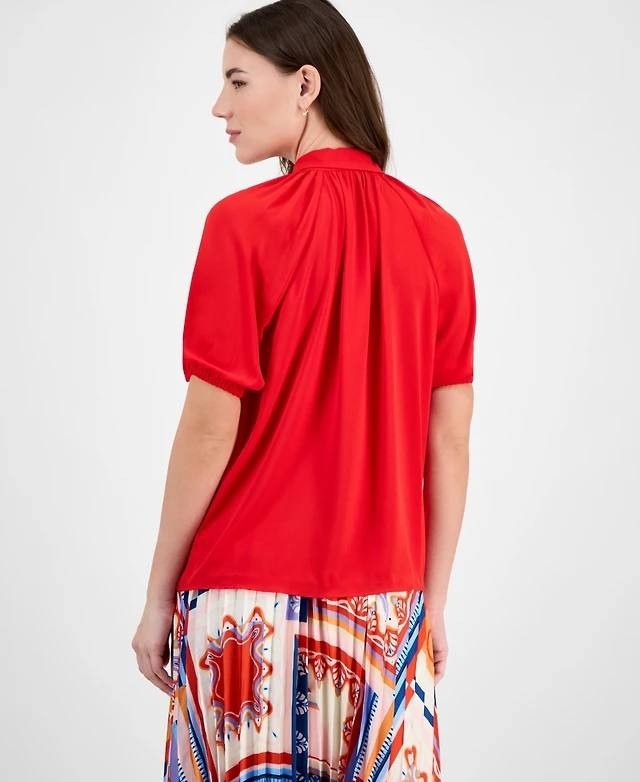Tahari Women’s Georgette Split‑Neck Blouse Apple Red S $78 NWT