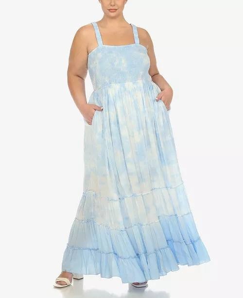 White Mark Plus Smocked Ruffle Maxi Dress Blue 3X NWT $84