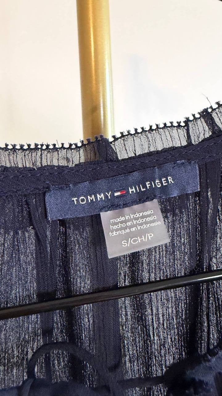 Tommy Hilfiger Split‑Neck Flutter‑Sleeve Blouse Midnight S $79 NWT