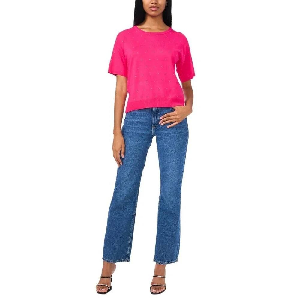 Sam & Jess Short‑Sleeve Embellished Sweater Electric Pink XS NWT $59