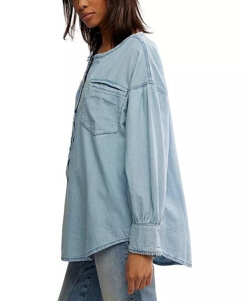 Free People We The Free Denim Dreaming Pullover Light Blue M NWOT $148