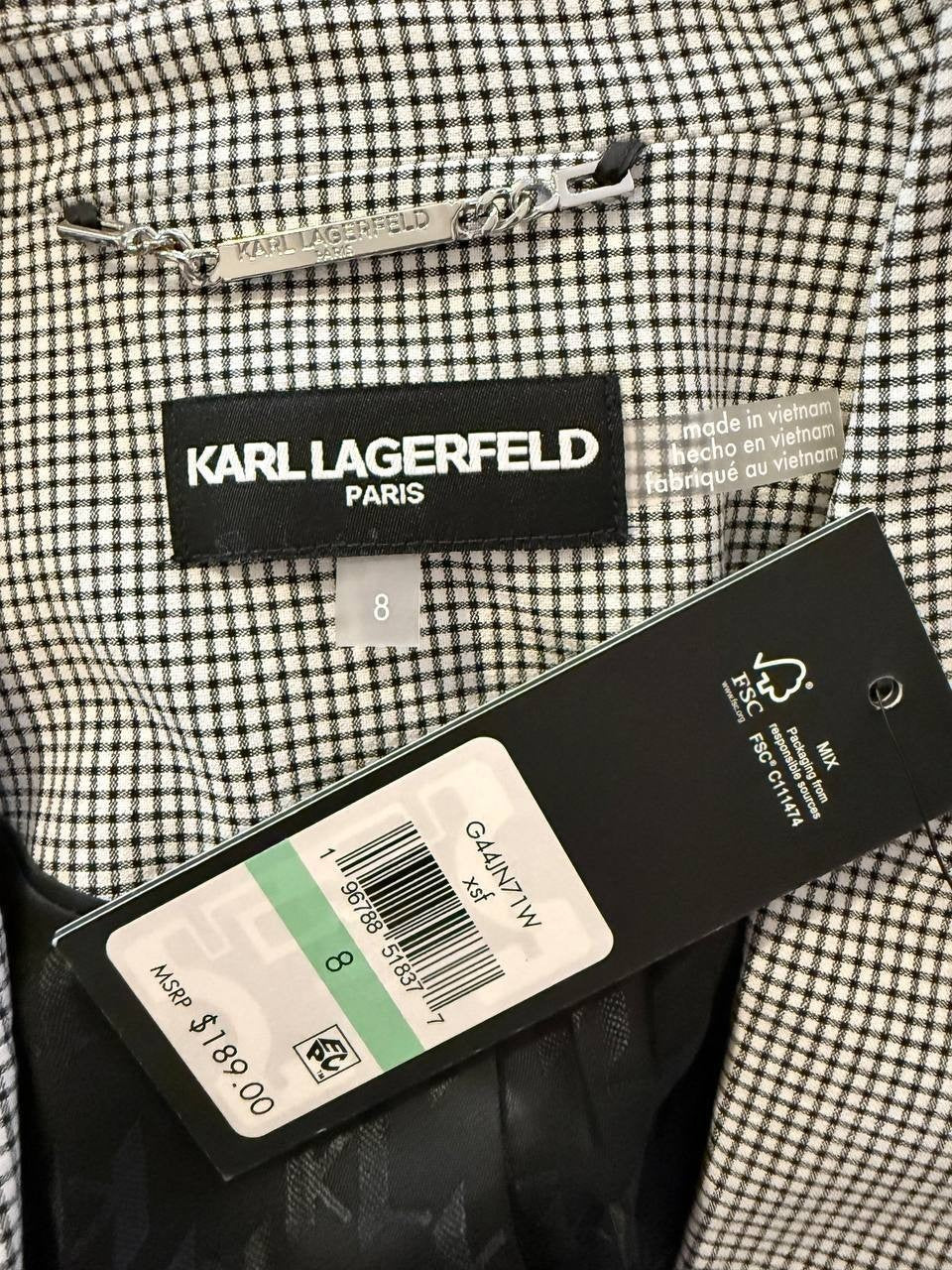 Karl Lagerfeld Paris Checkered One‑Button Blazer – Black/White – Size 8 – NWT