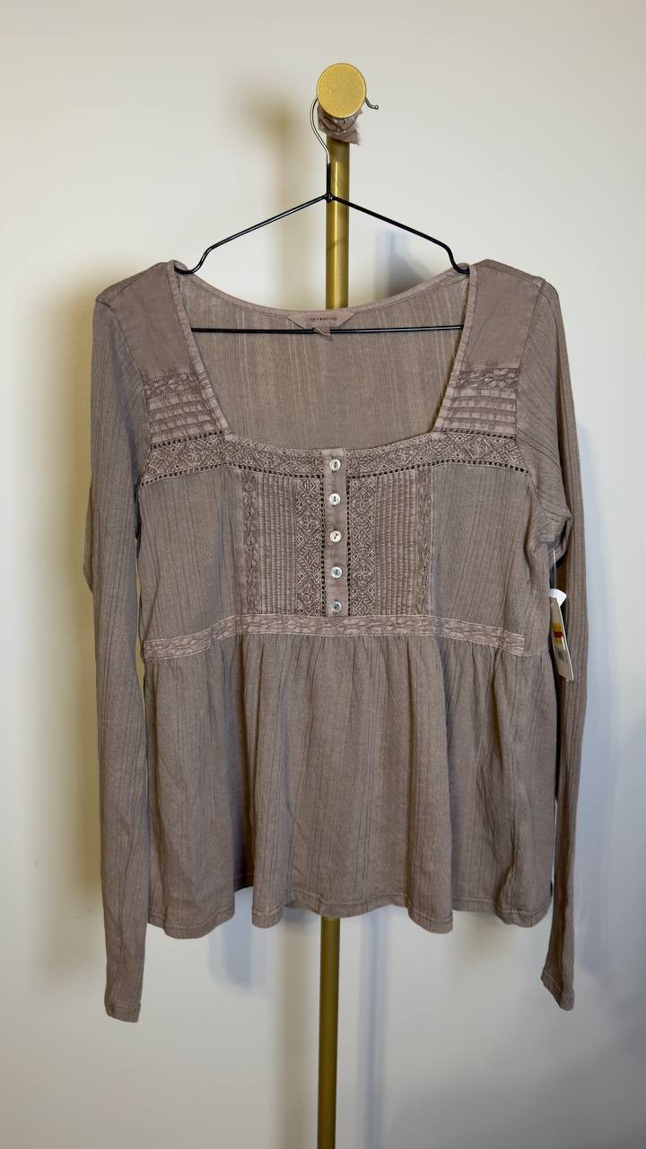 Lucky Brand Embroidered Peplum Longsleeve Deep Taupe L NWT $79.50