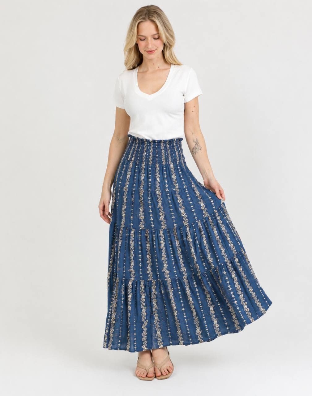 Nostalgia Smocked Waist Tiered Maxi Skirt Blue M NWT $56