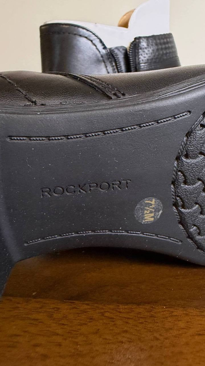 Rockport Carly Booties 7.5M Black Leather Zip Block Heel New in Box