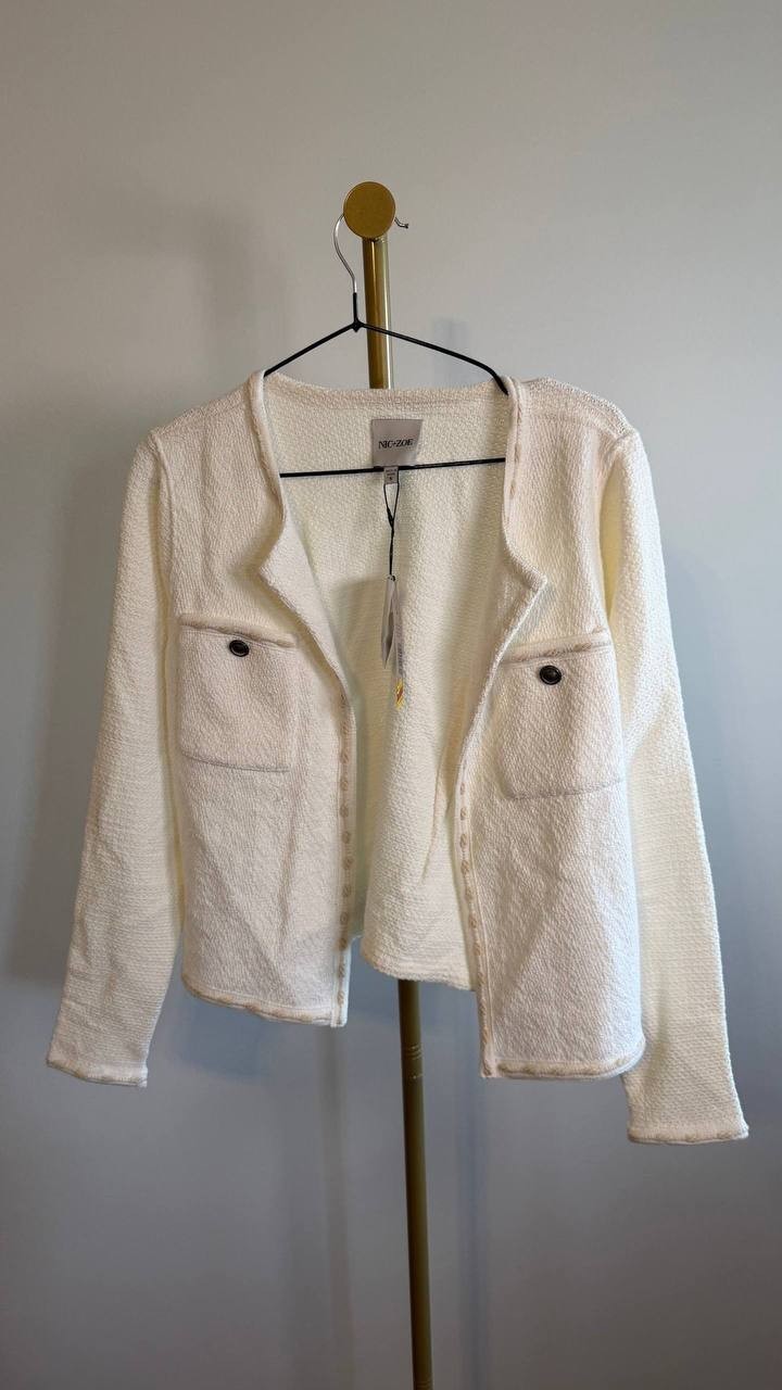 NIC+ZOE Women’s Stitch Trim Knit Jacket Cream White S $218 NWT