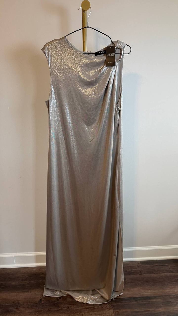 Lauren Ralph Lauren Metallic Jersey Column Gown Silver 8 NWT $265