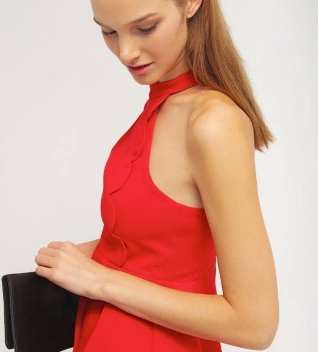 BCBGeneration Dress 8 Red Scallop Halter Cutout Flared Skirt Party Used Good