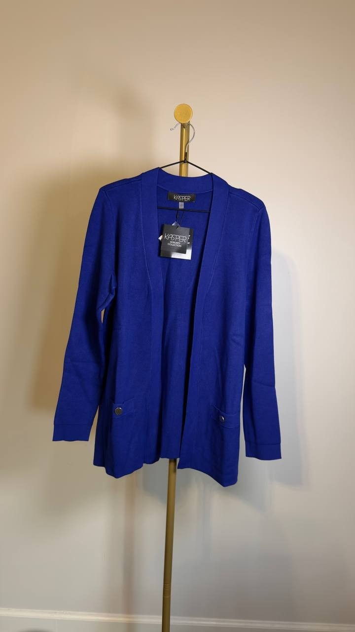 Kasper Open‑Front Cardigan – Blue – Long Sleeve – Pockets – NWT