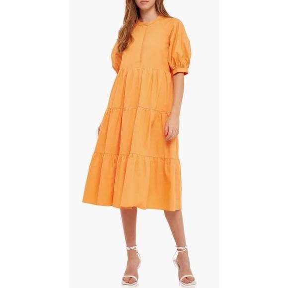 English Factory Puff Sleeve Tiered Midi Dress – Orange – Size L – NWT – $90