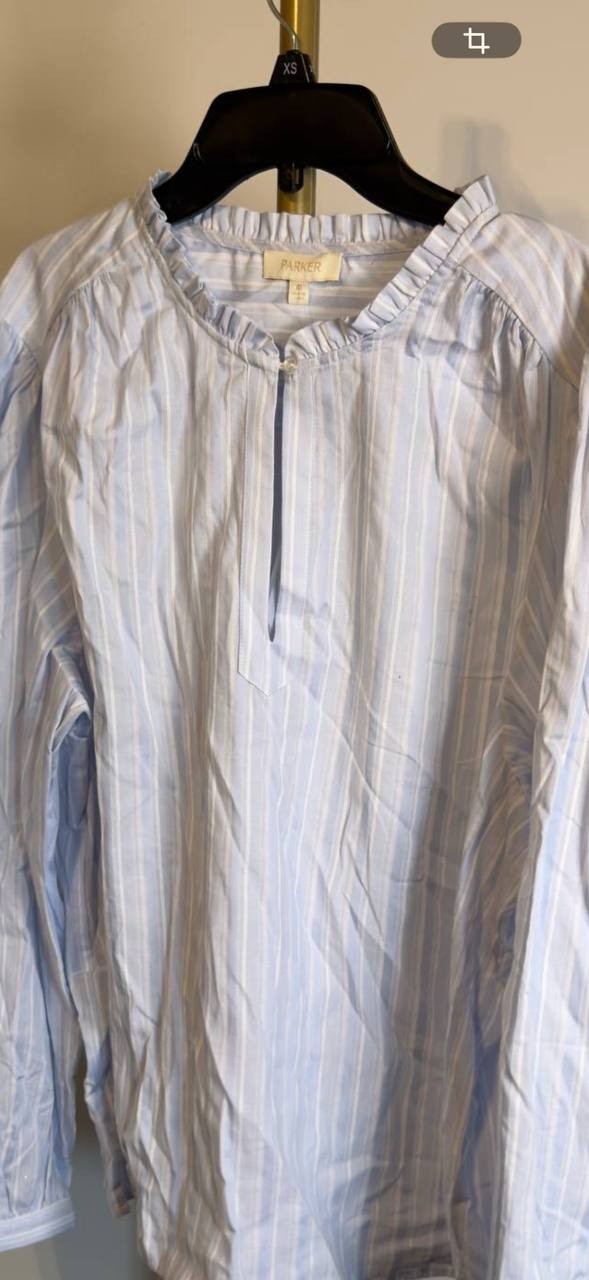 Parker Striped Ruffle‑Neck Long Sleeve Blouse Light Blue XL NWOT $188