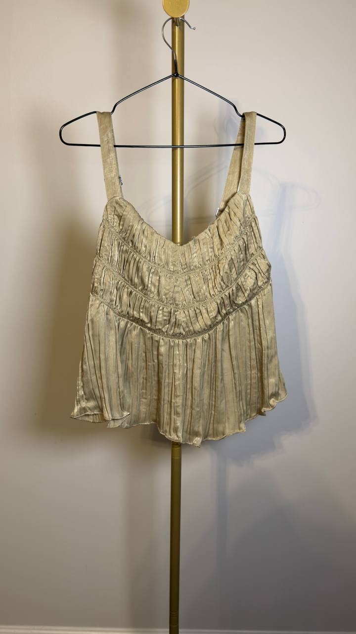DKNY Crushed Pleats Sleeveless Scoop‑Neck Top Pale Moss M NWT $89