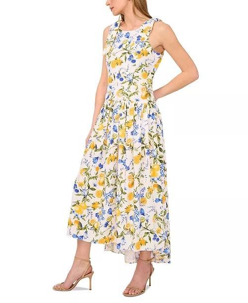 CeCe Floral Crewneck Bow-Strap High-Low Dress Lemon Print XL $129 NWT