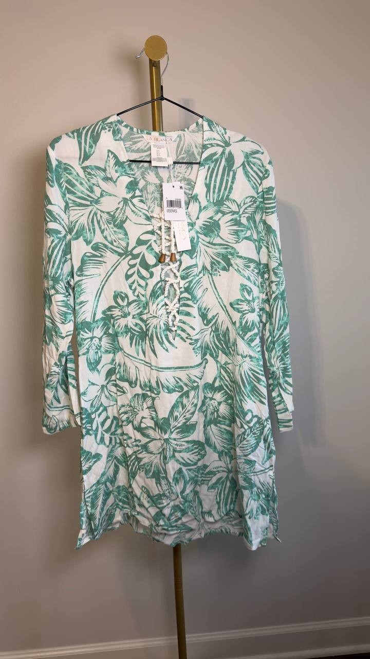 La Blanca Batiki Lace‑Front Tunic Cover‑Up Dress Eucalyptus S NWT $113