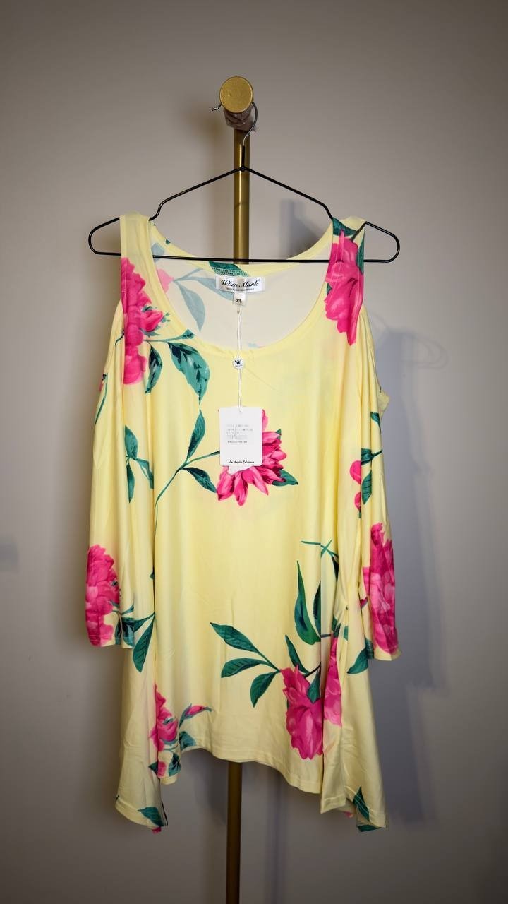 White Mark Women’s Floral Printed Cold Shoulder Tunic Yellow Pink XL NWT $68