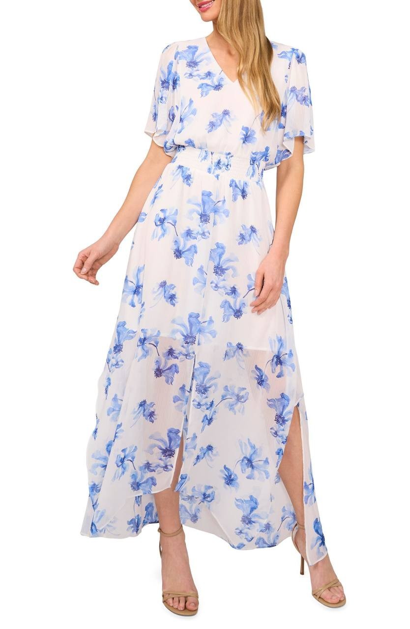 CeCe White Blue Floral Smocked‑Waist Maxi Dress M NWT Feminine Flowy $99