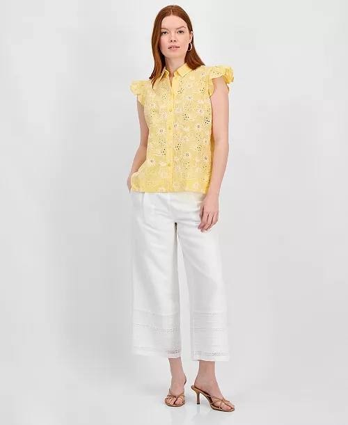 T Tahari Women’s Cotton Eyelet Flutter‑Sleeve Top Yellow $78 NWT