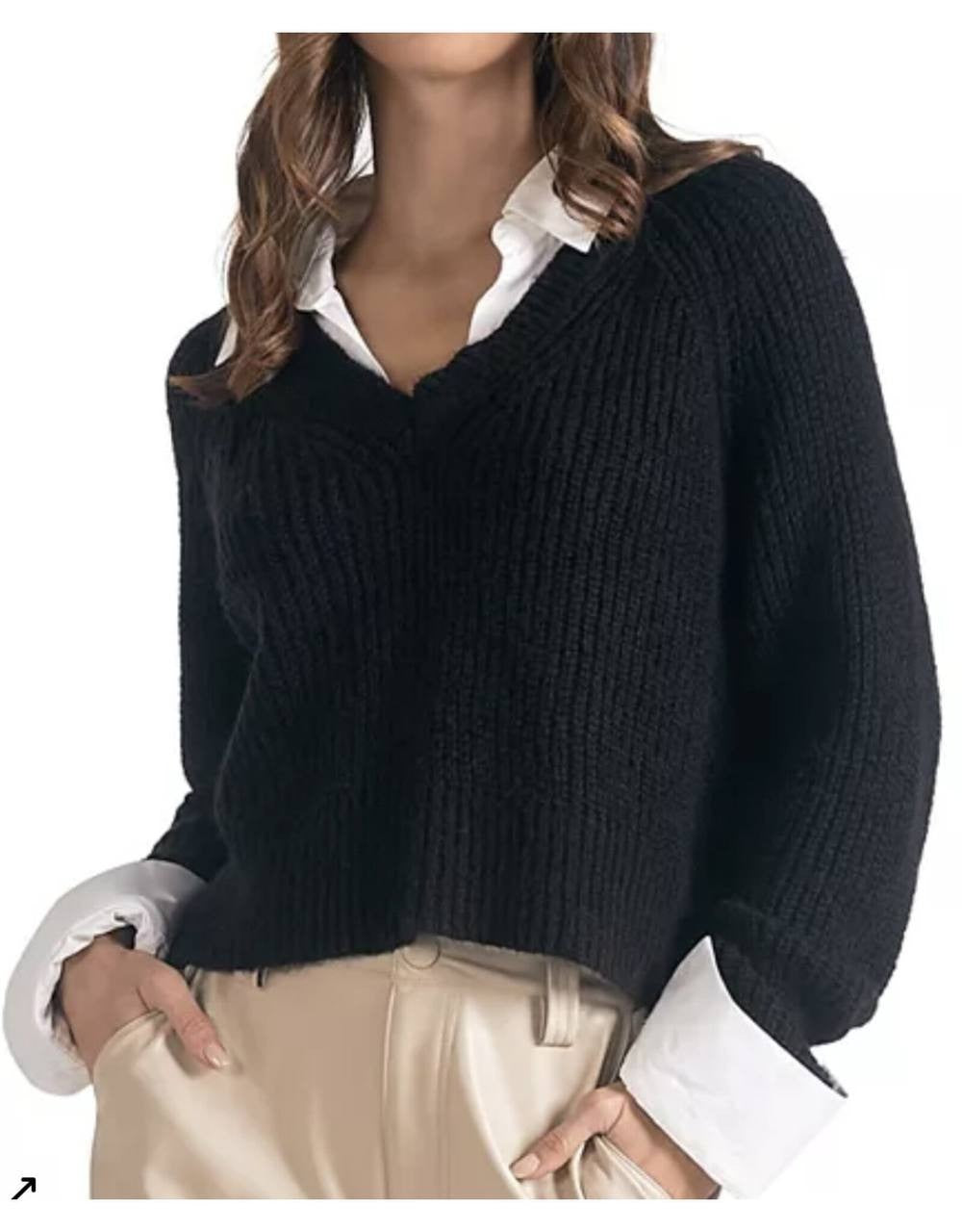 Elan Layered Look Sweater - Gray/Black XS, V-Neck Raglan Sleeves Relaxed