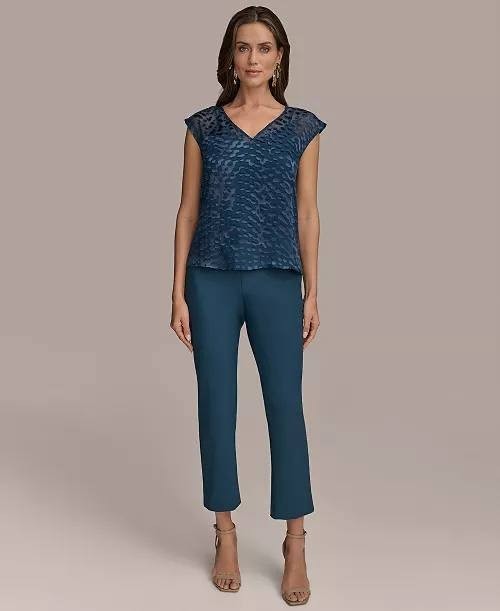 Donna Karan New York Cap‑Sleeve Silk‑Blend Burnout Blouse XS Blue NWT $129