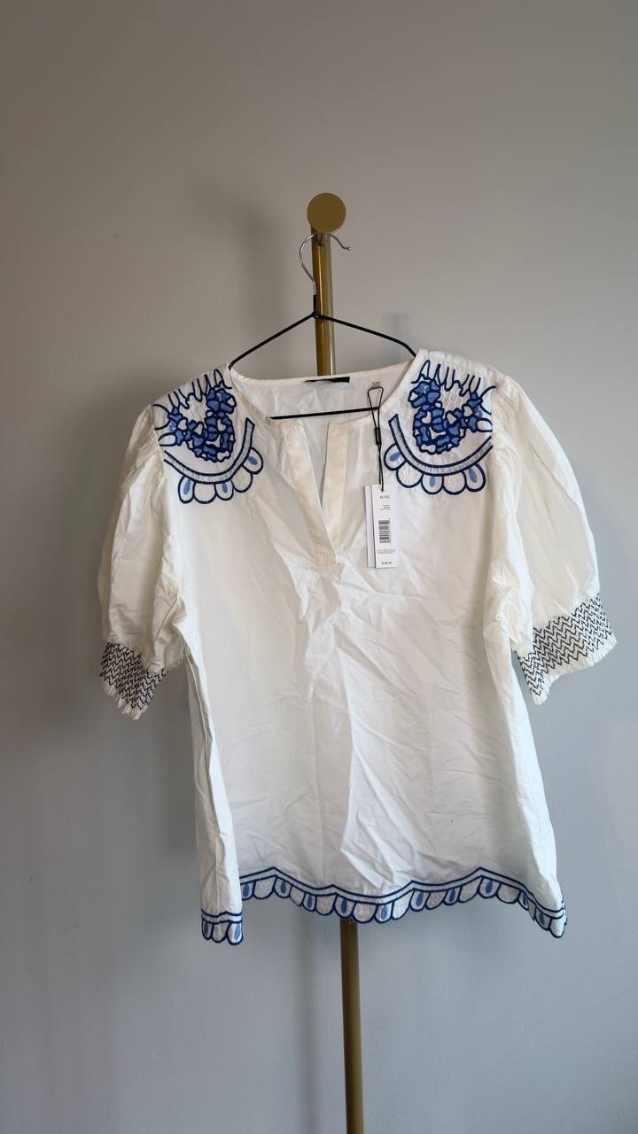 T Tahari Cotton Embroidered‑Trim Split‑Neck Top White Star XL NWT $88
