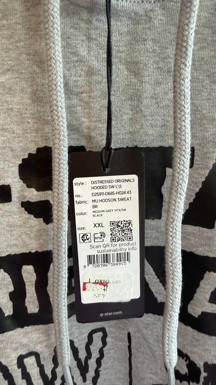G‑Star RAW Men’s Distressed Originals Regular‑Fit Logo Fleece Hoodie Grey XXL