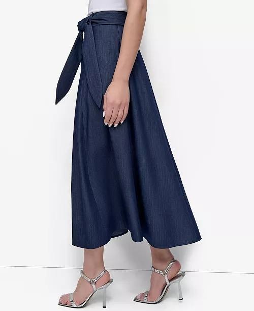 DKNY Maxi Skirt 14 Navy A-Line Tie Belt Waist Flowy Silhouette NWT $108