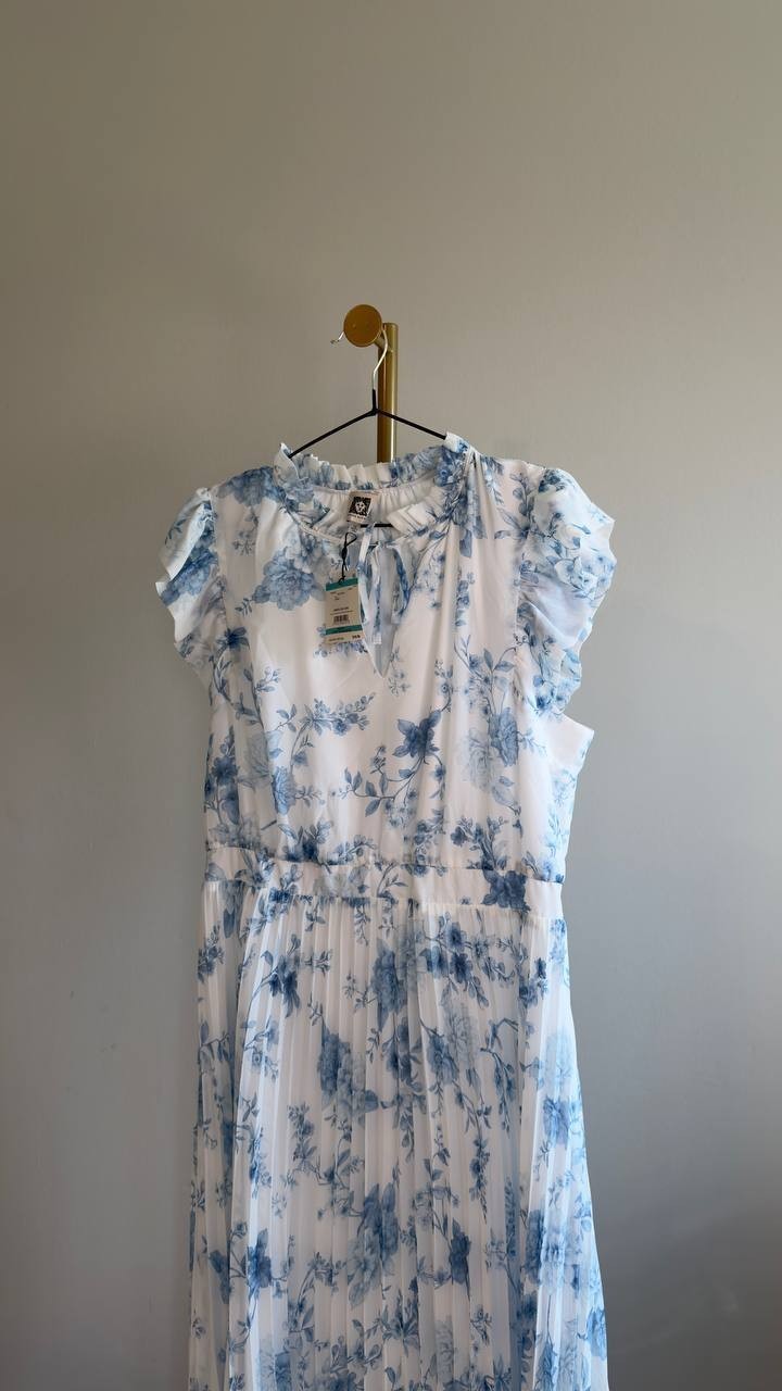 Anne Klein Pleated Flutter‑Sleeve Midi Dress Crisp White Multi 16 NWT $159