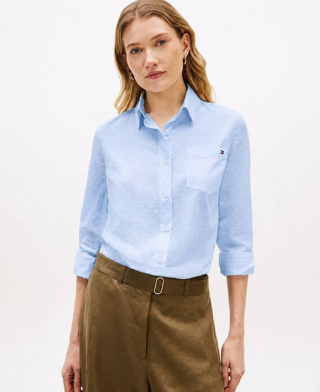 Tommy Hilfiger Women’s Clip Dot Roll‑Tab Collared Shirt Light Blue L NWT $74.50